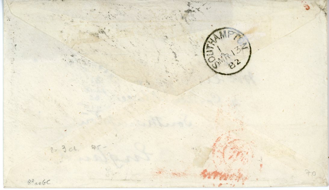 CHINA CHINA: French Post Offices in China, 1882 (Jan 31): Envelope to England franked with Sage 2 c. brown-red (2), 3 c. bistre / yellow pair and 15 c. blue (YT France 85+86+90) tied by Gros Chiffres 5104 numeral with