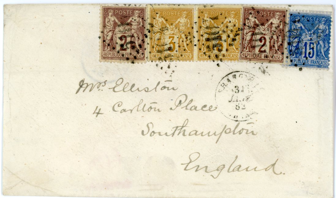 CHINA CHINA: French Post Offices in China, 1882 (Jan 31): Envelope to England franked with Sage 2 c. brown-red (2), 3 c. bistre / yellow pair and 15 c. blue (YT France 85+86+90) tied by Gros Chiffres 5104 numeral with