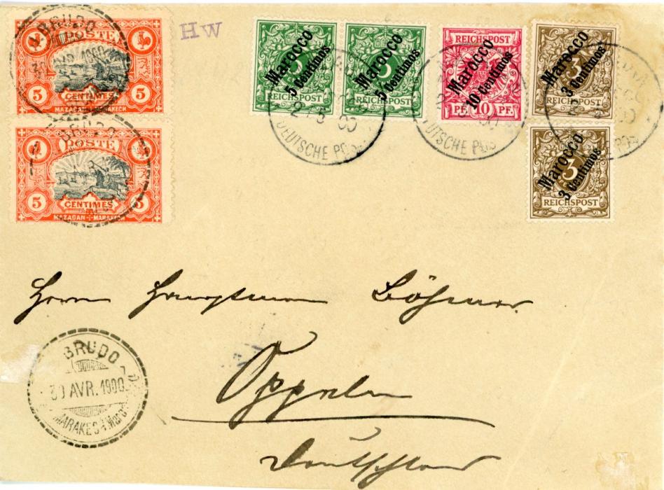 MOROCCO Morocco Local Post & German Post Offices 1900 (April 30): Cover to Oppen, Germany franked with Local Post Mazagan - Marakesh 5 c. (2), tied by