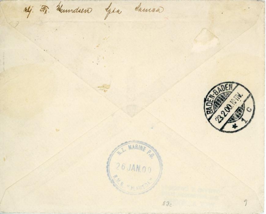 SAMOA SAMOA: 1900 (Jan 26): Cover to Baden-Baden, Germany franked 1896 2½d. black King (2), 1899 ½ d. green Palm Trees and 1899/1900 2 d. PROVISIONAL GOVT. tied by APIA cds showing inverted year slug, reverse with