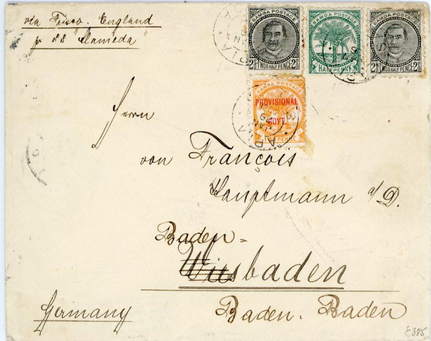 SAMOA SAMOA: 1900 (Jan 26): Cover to Baden-Baden, Germany franked 1896 2½d. black King (2), 1899 ½ d. green Palm Trees and 1899/1900 2 d. PROVISIONAL GOVT. tied by APIA cds showing inverted year slug, reverse with