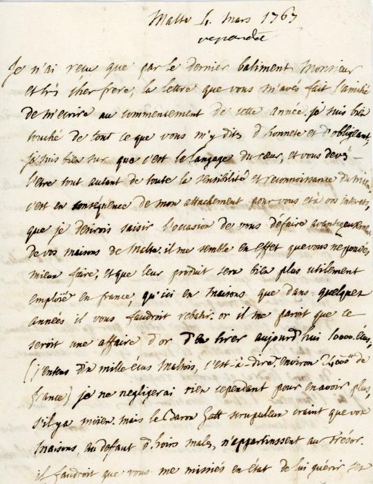 MALTA MALTA: 1767: Entire to Grenoble struck with a very fine example of the rare two-line 