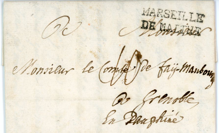 MALTA MALTA: 1767: Entire to Grenoble struck with a very fine example of the rare two-line 
