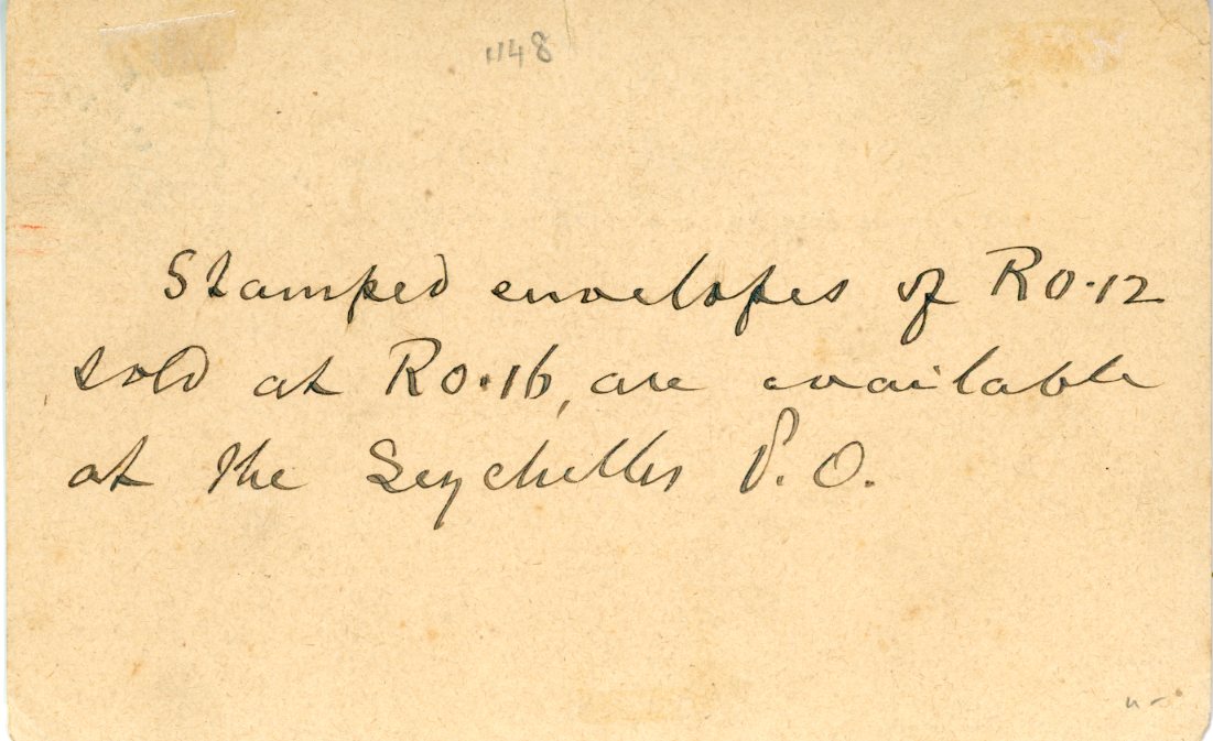SEYCHELLES SEYCHELLES: 1915 (July 14): 6 c. blue postal stationery card, the outward section of the reply card used from