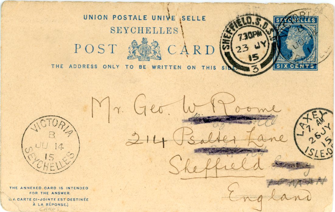 SEYCHELLES SEYCHELLES: 1915 (July 14): 6 c. blue postal stationery card, the outward section of the reply card used from