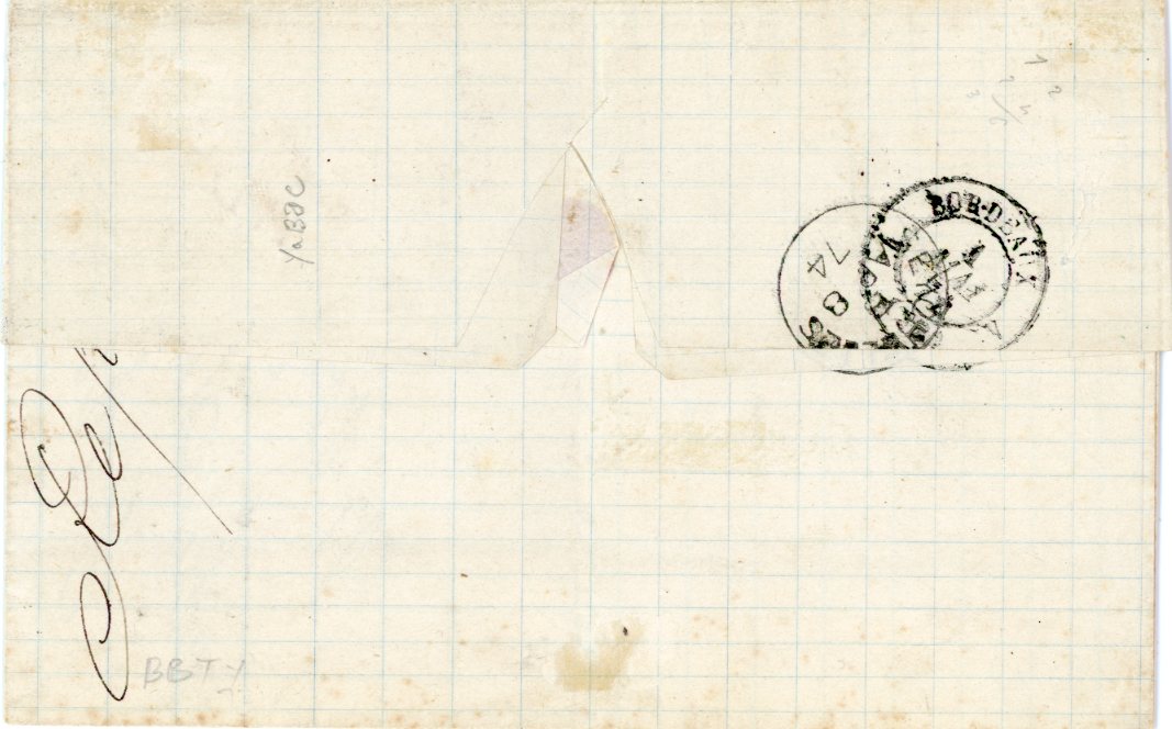 SEYCHELLES SEYCHELLES: Mauritius used in Seychelles, 1874 (April 8): Folded cover to Bordeaux, France franked with Mauritius 1863/72 4 d. rose pair, tied by B64 obliterator, obverse with SEYCHELLES despatch, unframed