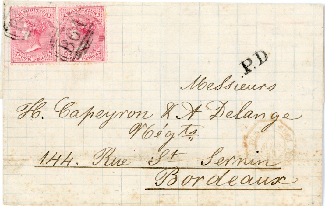 SEYCHELLES SEYCHELLES: Mauritius used in Seychelles, 1874 (April 8): Folded cover to Bordeaux, France franked with Mauritius 1863/72 4 d. rose pair, tied by B64 obliterator, obverse with SEYCHELLES despatch, unframed