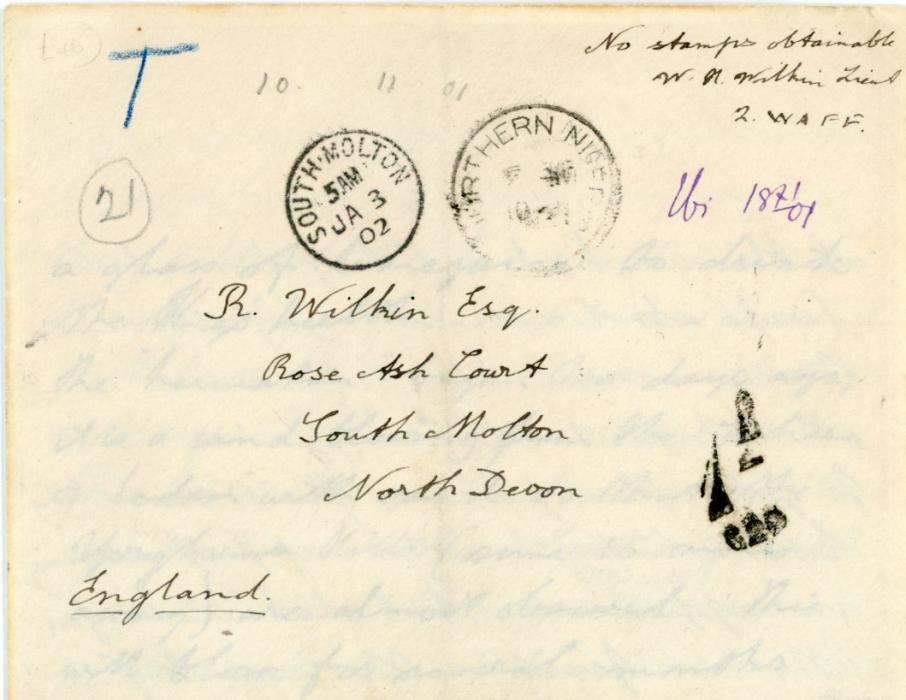NORTHERN NIGERIA NORTHERN NIGERIA West African Frontier Force, 1901 (Nov 10): Stampless cover with original contents from Lt. Wilkin to his step-brother in Devon, marked 