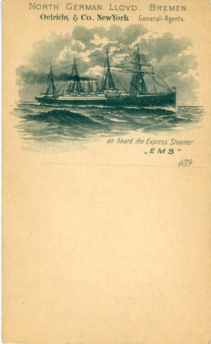 USA USA: 1890? Mint illustrated lettercard 1c. postal card illustrating ship on reverse in blue-grey with inscription ‘on board the express steamer ”EMS” 189..., titled NORTH GERMAN LLOYD BREMEN / Oelrichs & Co New York General-Agents, fine.