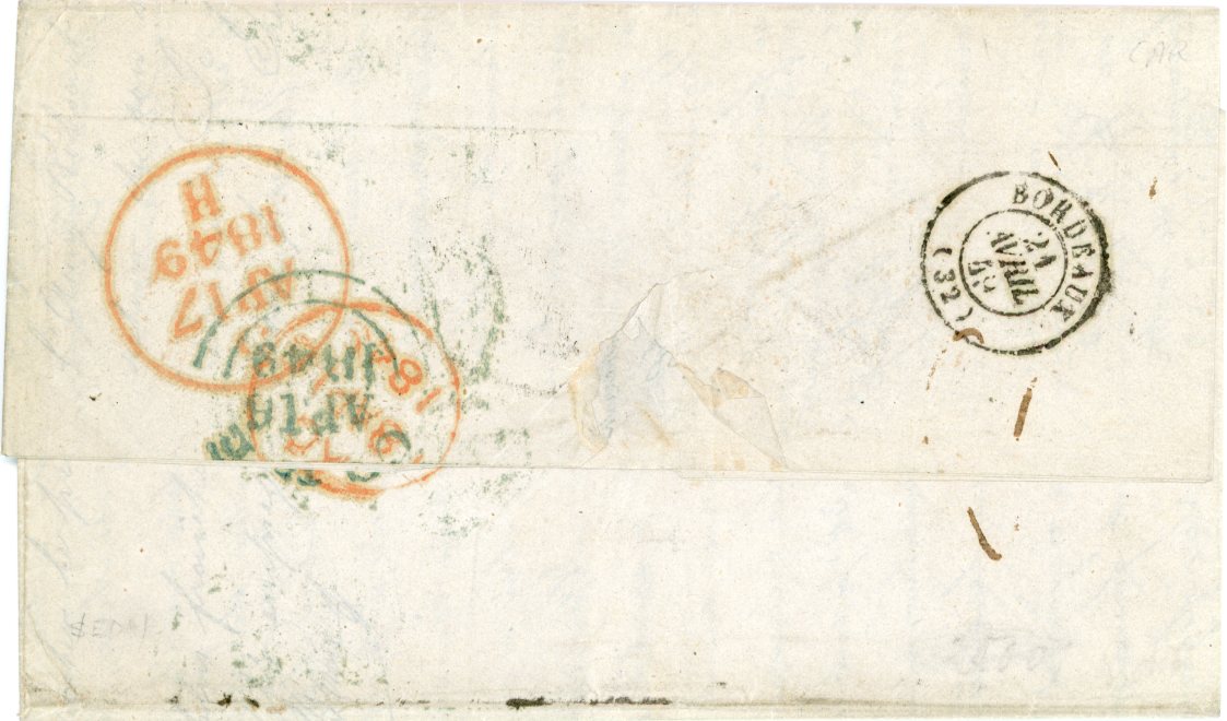 MAURITIUS MAURITIUS: 1848 (14 Dec) Entire to France with fair MAURITIUS POST OFFICE dispatch, re boxed COLONIES & ART 13 and Angl 3 Bologne-S-Mer entry mark, straight-line COVE / SHIP LETTER, ‘8’ rate mark and Cove arrival backstamp all in blue green, fine.