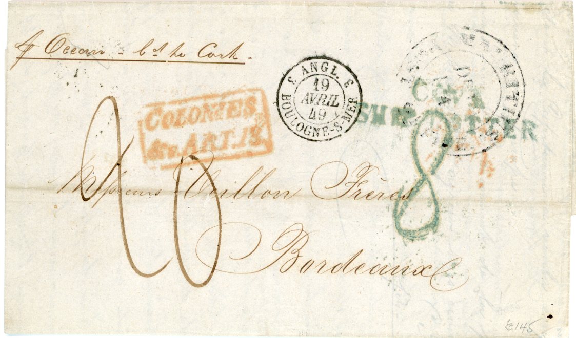 MAURITIUS MAURITIUS: 1848 (14 Dec) Entire to France with fair MAURITIUS POST OFFICE dispatch, re boxed COLONIES & ART 13 and Angl 3 Bologne-S-Mer entry mark, straight-line COVE / SHIP LETTER, ‘8’ rate mark and Cove arrival backstamp all in blue green, fine.