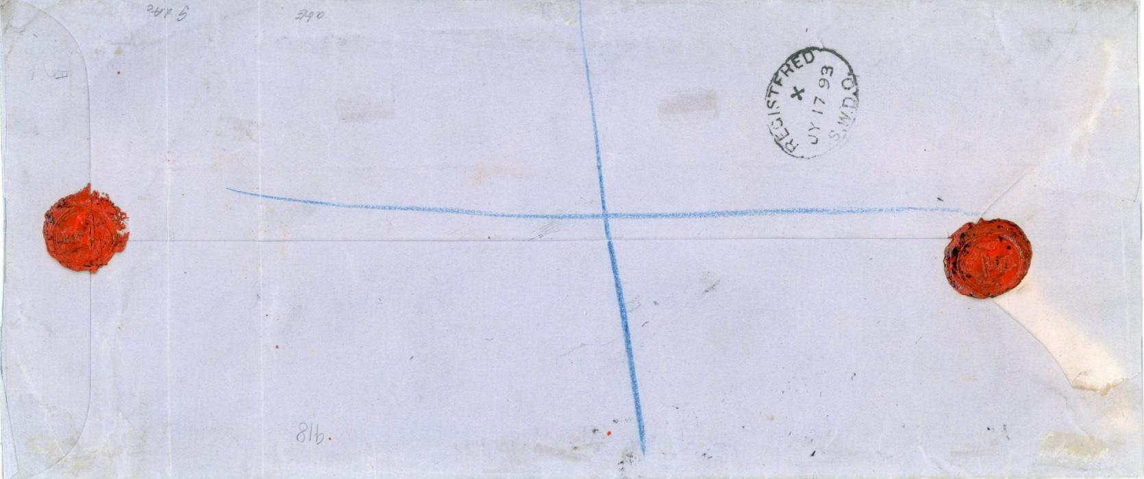 FIJI FIJI: 1893 (May 25): Long legal-sized envelope registered by B.H. Thomson from Suva to his wife in London franked by 2 d. yellow-green perf. 10 left marginal horizontal strip of five, one with damaged corner and right marginal single with 1 d. ultramarine perf. 11 x 10, manuscript registration marking, arrival backstamp (July 17). Vertical folds well away from the franking. SG 40+53
Provenance: Tuanjai Collection, Grosvenor Auctions, Sept 2014, lot 918. 