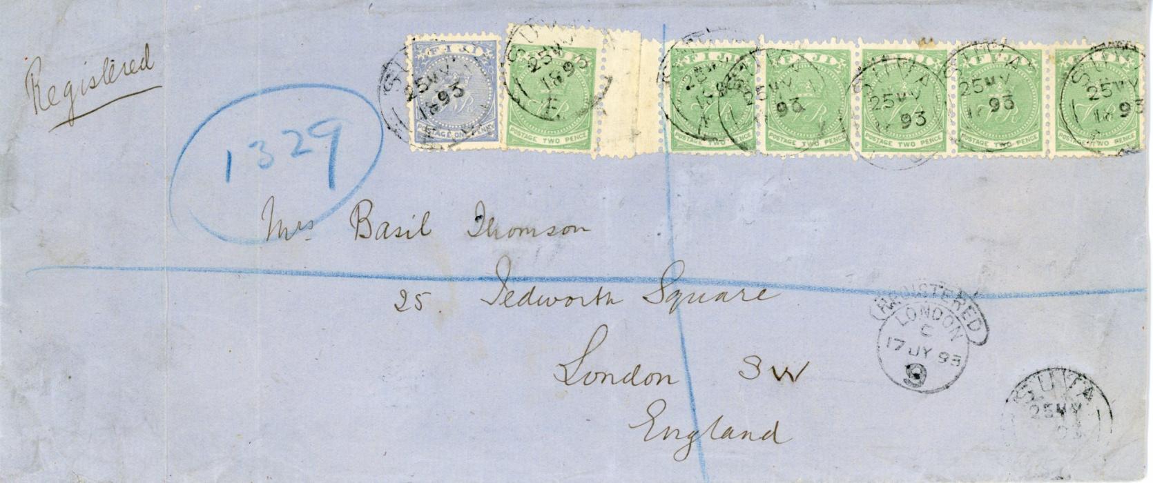 FIJI FIJI: 1893 (May 25): Long legal-sized envelope registered by B.H. Thomson from Suva to his wife in London franked by 2 d. yellow-green perf. 10 left marginal horizontal strip of five, one with damaged corner and right marginal single with 1 d. ultramarine perf. 11 x 10, manuscript registration marking, arrival backstamp (July 17). Vertical folds well away from the franking. SG 40+53
Provenance: Tuanjai Collection, Grosvenor Auctions, Sept 2014, lot 918. 