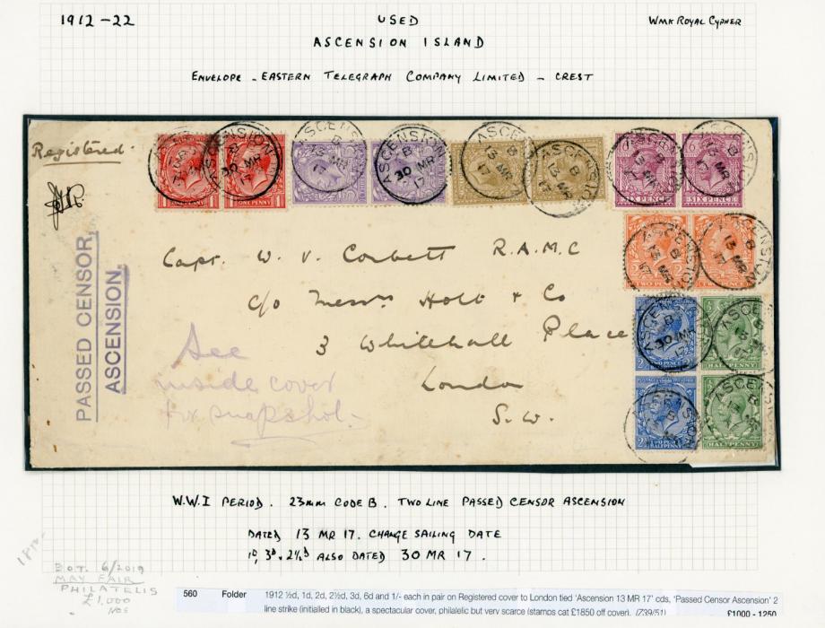 ASCENSION ASCENSION: 1917 (March 30): Registered censored envelope to London bearing a very fine philatelic franking of British King George V values in pairs with ½ d., 1 d., 2 d., 3 d., 6 d. and I s. mostly tied by