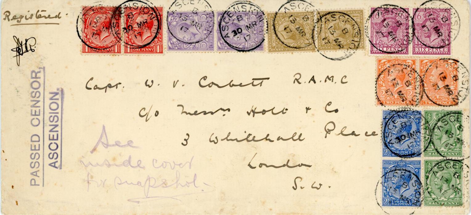 ASCENSION ASCENSION: 1917 (March 30): Registered censored envelope to London bearing a very fine philatelic franking of British King George V values in pairs with ½ d., 1 d., 2 d., 3 d., 6 d. and I s. mostly tied by