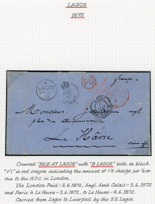 LAGOS NIGERIA - LAGOS: 1872 (May 6): Cover to Le Havre bearing fine strike of the rare Crown Circle 