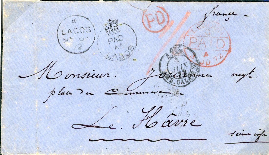 LAGOS NIGERIA - LAGOS: 1872 (May 6): Cover to Le Havre bearing fine strike of the rare Crown Circle 