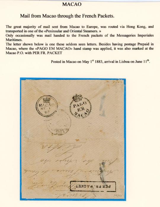 MACAU MACAU: 1883 (May 1): Small envelope to Lisbon, showing on reverse very fine “PAGO / EM / MACAO