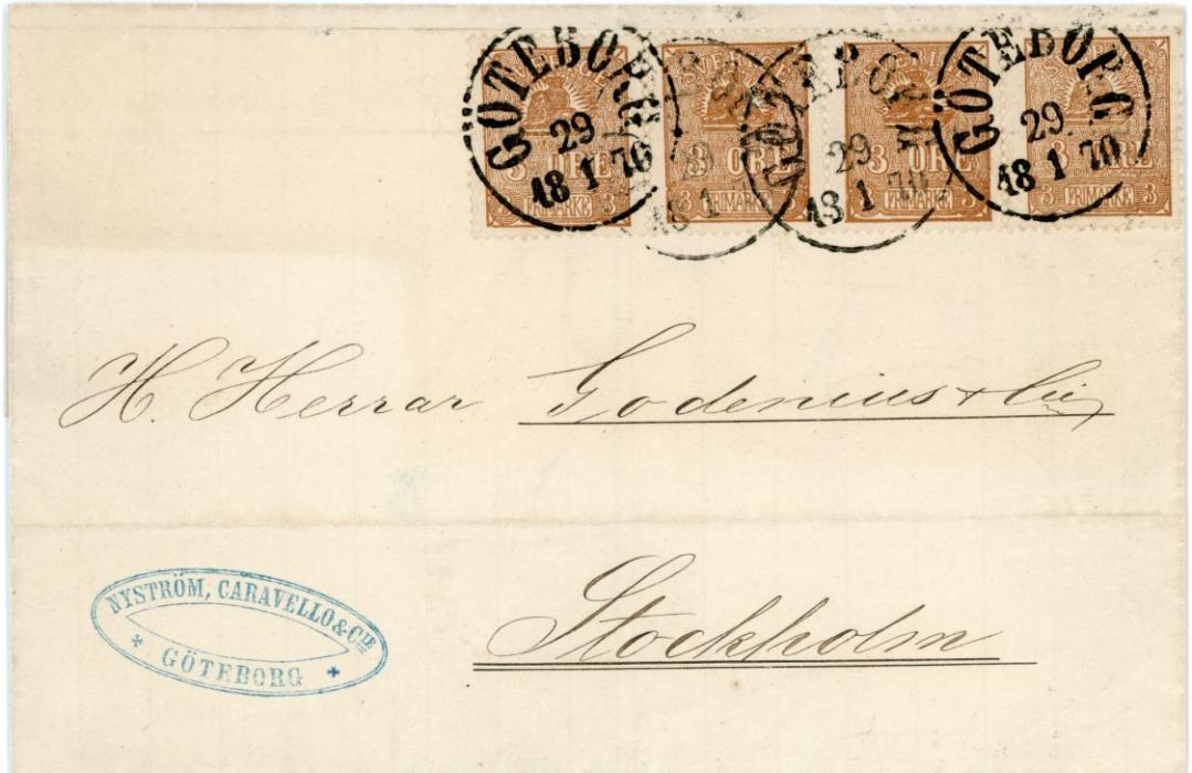 SWEDEN SWEDEN: 1870 (Jan 29): Outer letter sheet to Stockholm franked with strip of four 1862/63 Small Lion 3ö brown, three in type Il and one in type I (Facit 14A+14B), tied by GÖTEBORG datestamp. Very fine and fresh, from the Godenius archive