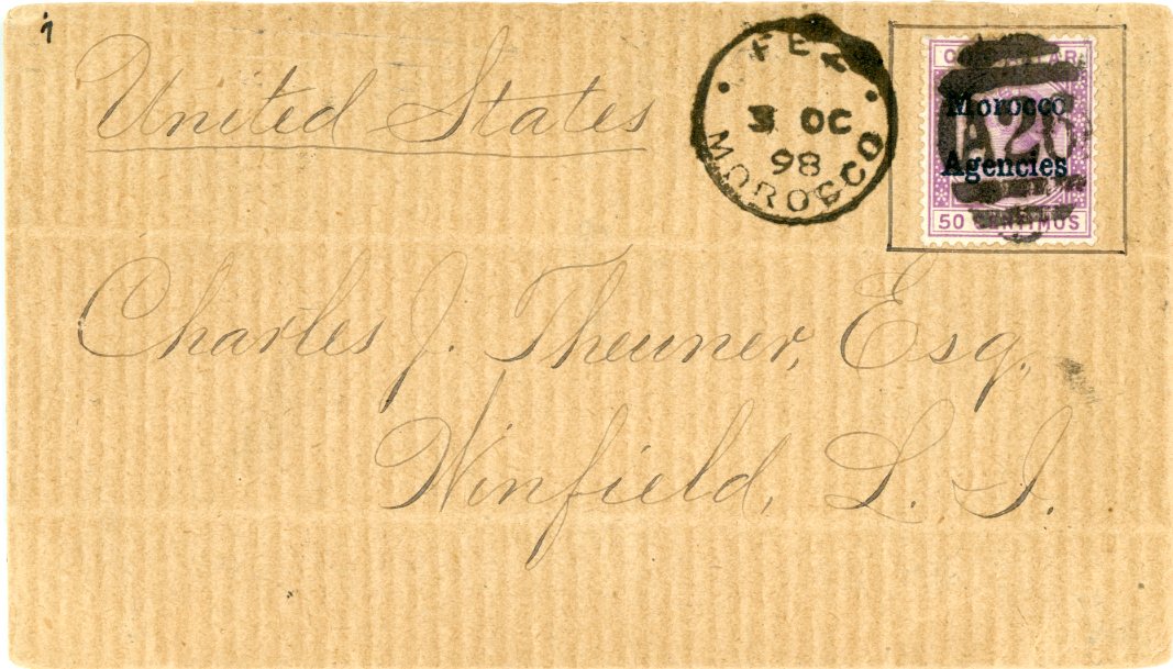 MOROCCO MOROCCO: Gibraltar issues overprinted, 1898 (Oct 3): Envelope to Winfield, USA, bearing single franking 50 c. bright lilac, overprint type I with heavy A26 obliterator with 
