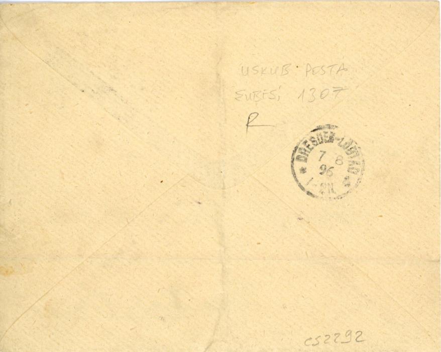 MACEDONIA / OTTOMAN POST OFFICES MACEDONIA / OTTOMAN POST OFFICES: 1896 cover imprinted Johann Jovanovic, Belgrade to Dresden, Germany franked with 1pi of 1892 coat of arms stamps tied by USKUB POSTA SUBESI 1307 (vilayet Kosovo, NMK #139() negative seal in blue. Reverse 7 August arrival cds.
