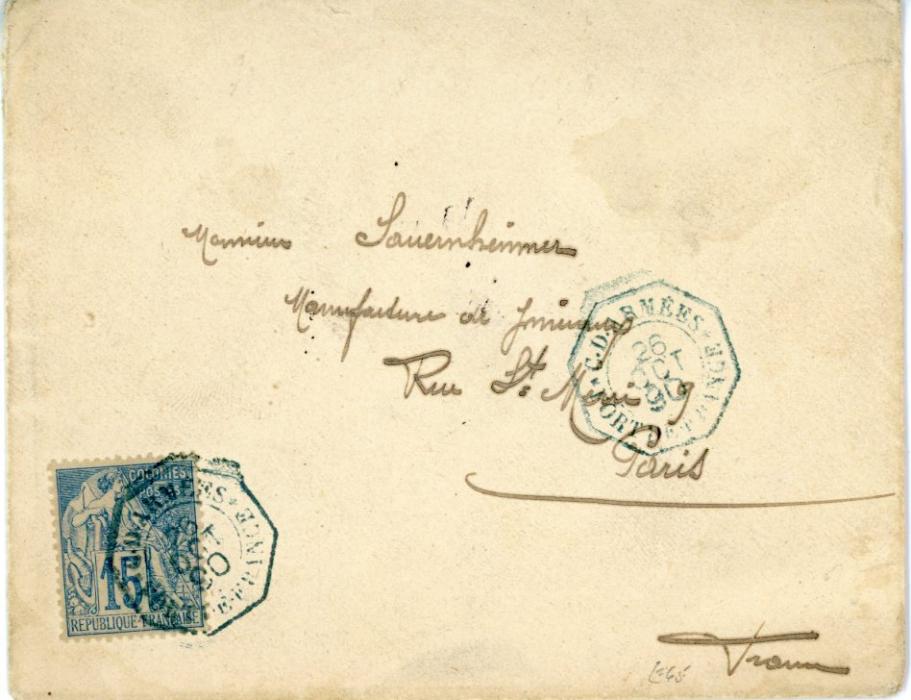 MARTINIQUE FRENCH COLONIES - MARTINIQUE: 1890 (26 Oct) envelope to France franked French Colonies 1881-86 Commerce 15c blue tied by blue octagonal C.D. ARMEES FORT DE FRANCE datestamo, another strike alongside, undated large hexagonal CORRESPONDENCE D’ARMEES MARTINIQUE in reverse with blue Paris Etranger B Nov cds arrival, fine.