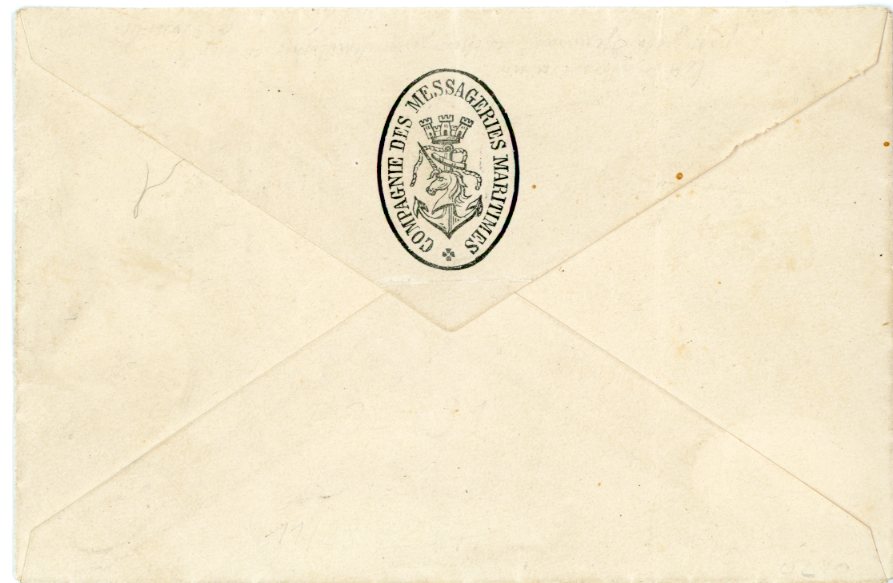 FRENCH COLONIES - NOSSI-BE FRENCH COLONIES - NOSSI-BE: 1893 25 on 20c tied by Nossi Be cds on small envelope imprinted on backflap COMPGNIE DES MESSAGERIES MARTIMES oval cachet with anchor, addressed to a passenger on a ship offshore (DJEMNAH?). Very fine.