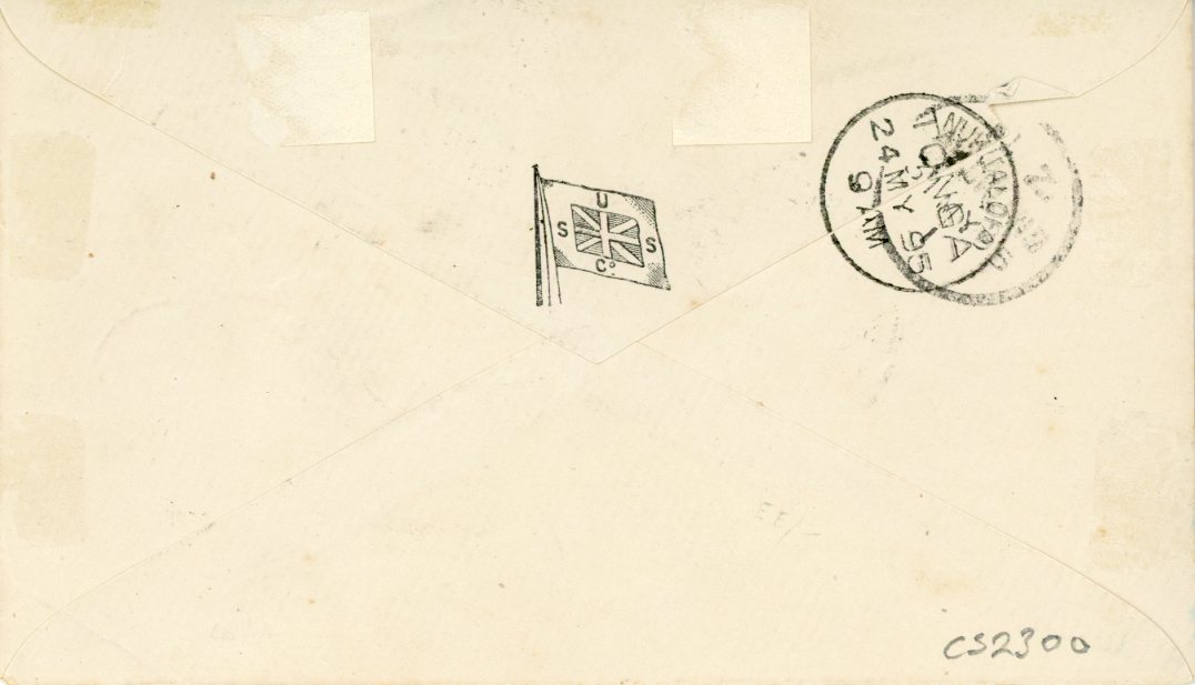 TONGA TONGA: 1895 May 25th Envelope to New Zealand franked 1895 22 May surch. 3 lower values (SG25,26,27) tied by Nukualofa cdss with arrival backstamp, backflap with imprint of Union Jack flag emblem with S U S Co,  very fine and neat