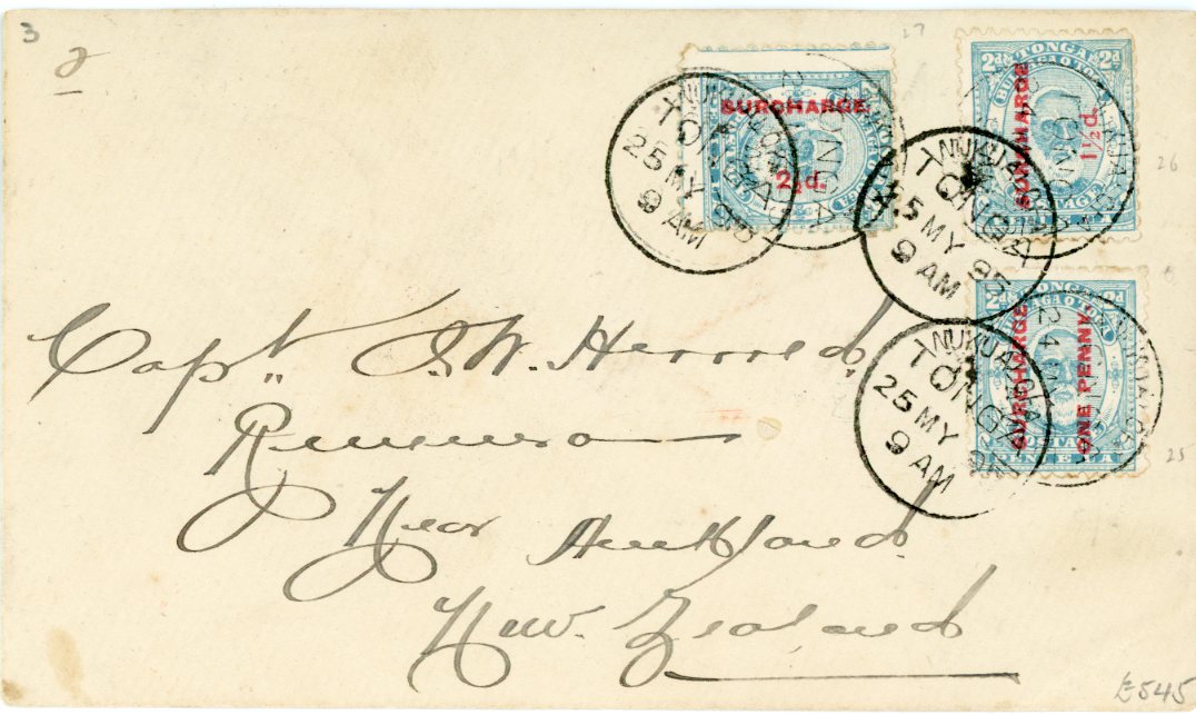 TONGA TONGA: 1895 May 25th Envelope to New Zealand franked 1895 22 May surch. 3 lower values (SG25,26,27) tied by Nukualofa cdss with arrival backstamp, backflap with imprint of Union Jack flag emblem with S U S Co,  very fine and neat