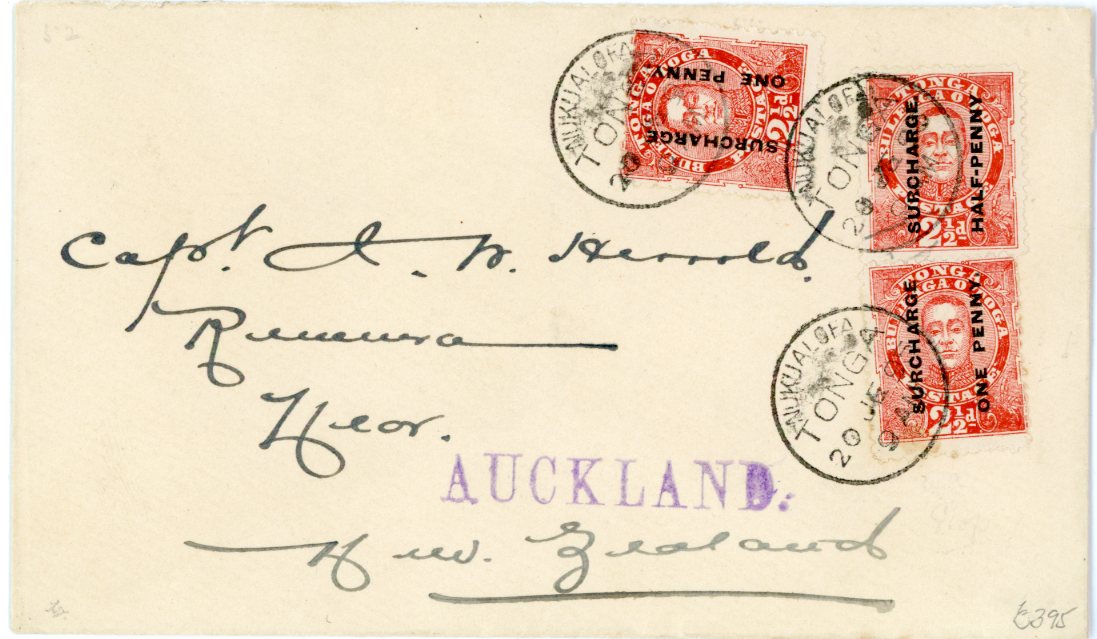 TONGA TONGA: 1895 June 20th Envelope to New Zealand franked June 20th 1/2d on 2 1/2d (2) + 1d on 2 1/2d vermilion (SG29+30) tied by Nukualof cdss, Auckland arrival backstamp, First Day of Use, fine, ex Bescancon.