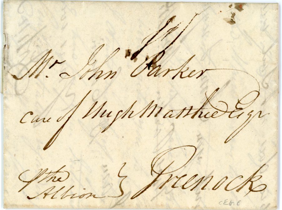 CANADA GREAT BRITAIN/CANADA: 1800 Aug 14 Entire from Quebec per the Albion to Greenock, rated 11 (4d ship, 2d captain and 5d inland), reverse struck with superb CAMBLETON/SHIP:LRE and CAMBLE/TOWN, very fine and rare. Robertson notes this as the first Scottish type of named ship-letter.