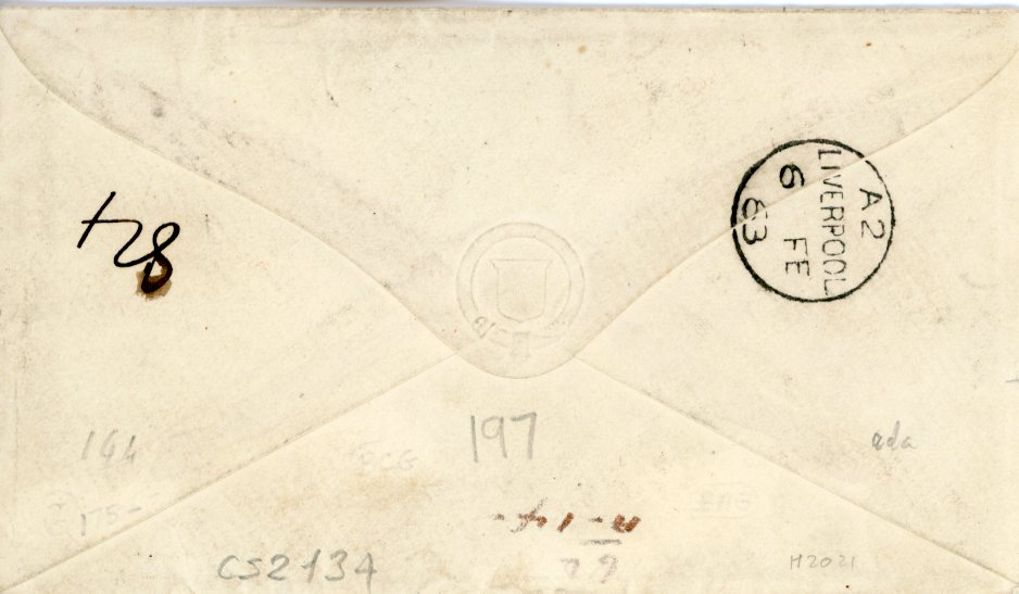 GREAT BRITAIN GREAT BRITAIN: 1863 (FE 5) Envelope to USA franked 1862 9d bistre pair (LJ-LK) tied by BRADFORD.YORKS 107 duplex and Boston accountancy mark 24 in red, registered to Ohio. Boston.Br.Pkt Paid Feb 23 cds in red alongside, Liverpool transit backstamp, fine and rare Transatlantic registered franking.