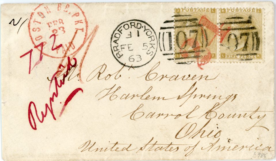GREAT BRITAIN GREAT BRITAIN: 1863 (FE 5) Envelope to USA franked 1862 9d bistre pair (LJ-LK) tied by BRADFORD.YORKS 107 duplex and Boston accountancy mark 24 in red, registered to Ohio. Boston.Br.Pkt Paid Feb 23 cds in red alongside, Liverpool transit backstamp, fine and rare Transatlantic registered franking.