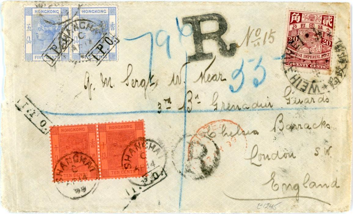 HONG KONG / CHINA HONG KONG / CHINA: 1899 Cover front registered to England franked China 1898 20c claret tied by WEI HAI WEI bi-lingual cds, unframed and framed Rs from Chinese and British POs, further franked Hong Kong 1882-91 5c ultramarine pair + 10c violet on red pair tied by Shanghai AP 14 99 cdss (SGZ798/801), tied by 2 different IPOs.5c pair initially tied by IPO of Chefoo. In Shanghai the 10c pair added as underfranked with a different local tieprint. One of only 2 known such covers. Splendid rarity.
