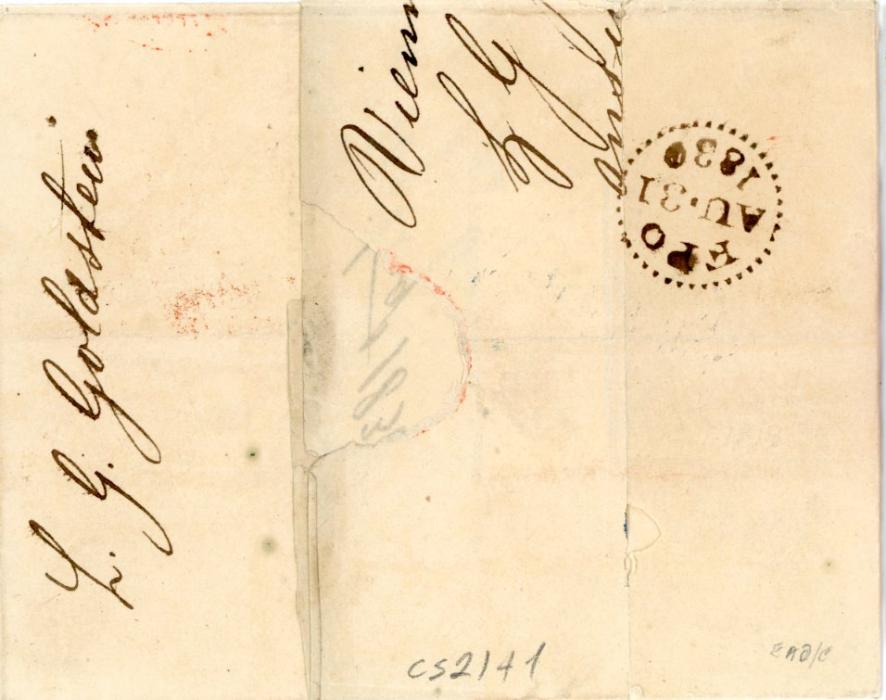 GREAT BRITAIN / AUSTRIA GREAT BRITAIN / AUSTRIA: 1830 (18 AUG) folded registered cover from Vienna to Rothschild London with Austria marks L.A. in black, CHARGE in blue, Charge in black, red V.WIEN:RECOM s/l and red oval Autriche / Huningue all on obverse, on arrival red crown and different type in brown-black REGISTERED horseshoe cancels, on reverse FPO backstamp. Spectacular registered cover