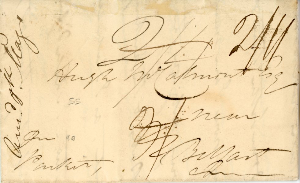 BRITISH GUIANA BRITISH GUIANA: 1812 (3 Feb) entire to Belfast hs on reverse BERBICE/s/l date cancel, fair strike, rerated twice.