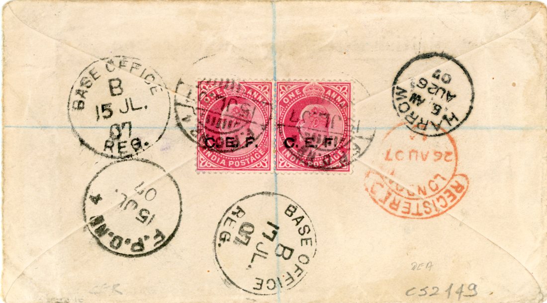 INDIA / CHINA INDIA / CHINA: 1907 (15 JY) Registered envelope to England pre-printed British Railway Administration franked India 1904 1a carmine rose (SGC13) single on front and horizontal pair on reverse, cancelled F.P.O. No 4 with boxed F.P.O. No 4 on the front, Base Office B Reg cds, red hooded London Registered and Harrow arrival all on reverse, slight peripheral edge wear. Very fine and scarce, especially on a reused B.R.A. imprint cover. F.P.O. No 4 was located in Tientsin from May 1901 thru Mar 1908.
