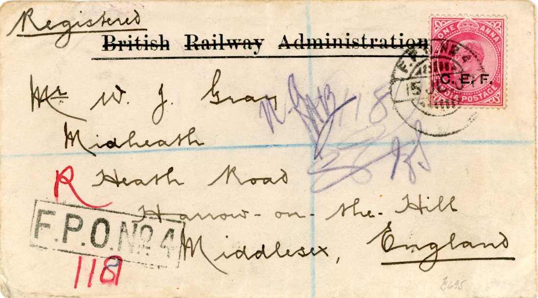 INDIA / CHINA INDIA / CHINA: 1907 (15 JY) Registered envelope to England pre-printed British Railway Administration franked India 1904 1a carmine rose (SGC13) single on front and horizontal pair on reverse, cancelled F.P.O. No 4 with boxed F.P.O. No 4 on the front, Base Office B Reg cds, red hooded London Registered and Harrow arrival all on reverse, slight peripheral edge wear. Very fine and scarce, especially on a reused B.R.A. imprint cover. F.P.O. No 4 was located in Tientsin from May 1901 thru Mar 1908.