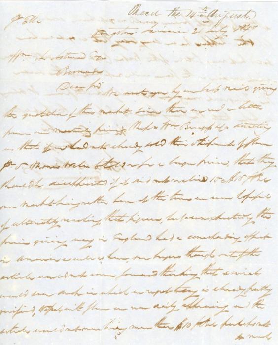 JAMAICA / BERMUDA JAMAICA / BERMUDA: 1847 (21 July) Entire from Kingston Jamaica to Bermuda arriving 14 Aug by the choonrt Ella, manuscript 4 for the Bermuda Ship Letter fee, the ships captain receiving 2d, fine.