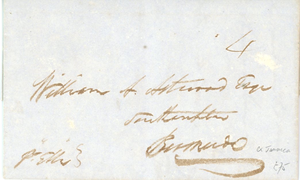 JAMAICA / BERMUDA JAMAICA / BERMUDA: 1847 (21 July) Entire from Kingston Jamaica to Bermuda arriving 14 Aug by the choonrt Ella, manuscript 4 for the Bermuda Ship Letter fee, the ships captain receiving 2d, fine.