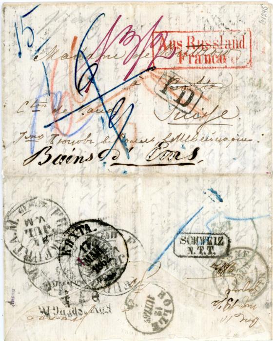 MONGOLIA MONGOLIA: 1862 (17 May) stampless letter to Rolle, Switzerland, showing on reverse a superb strike of KYAKHTA type 4 cds (Hellrigl) overstruck by some transit cds. Transit markings include framed Aus Russland / Franco hs in red, boxed P.D. in black (crossed out), boxed Schweiz / N.T.T., several rate marks applied en route with arrival cds (12 7). Very early use of this Kyakhta cds. A rarity. About 10 covers recorded.
