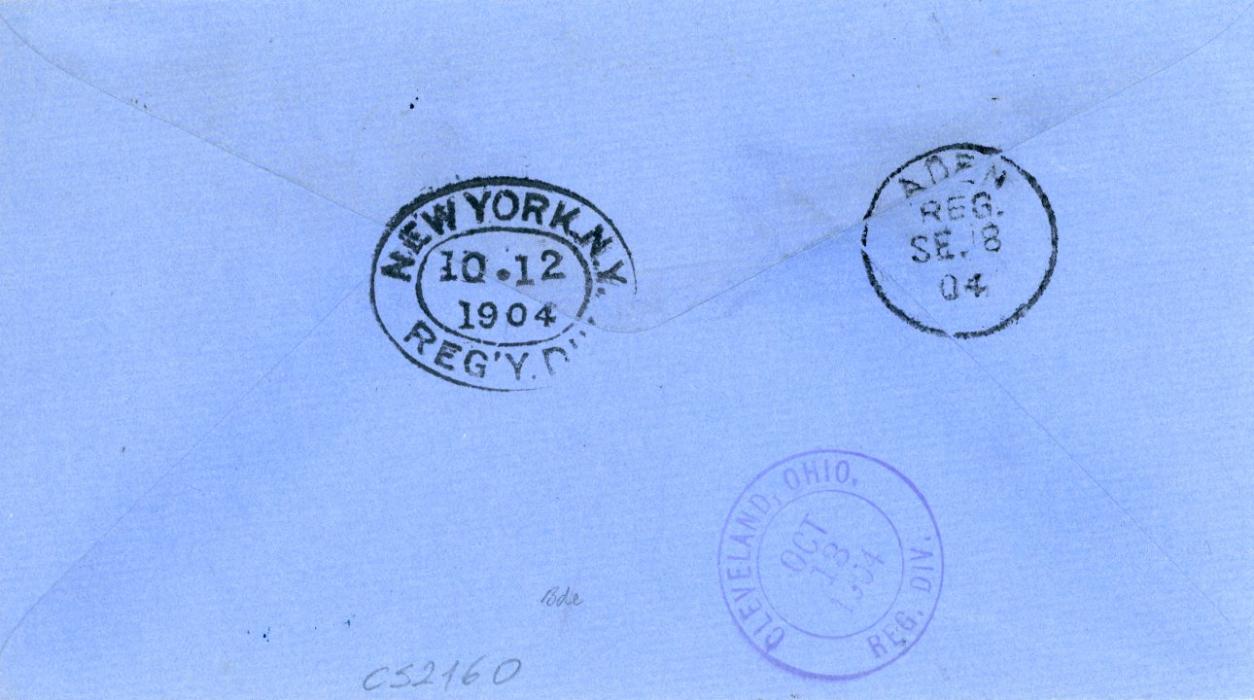 BRITISH SOMALILAND BRITISH SOMALILAND: 1904 (14 SE) registered blue envelope to USA franked 1903 QV 8a + 1r pair tied by Berbera Somaliland cdss, with boxed BERBERA reg. cachet and oval hs with 1014 ms (Sea Post Office), alongside, on reverse Aden (Se 18) and New York (12 10) transits, Ohio (13 10) arrival, very fine.