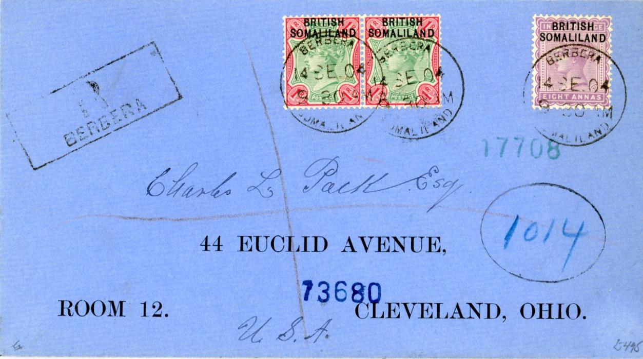BRITISH SOMALILAND BRITISH SOMALILAND: 1904 (14 SE) registered blue envelope to USA franked 1903 QV 8a + 1r pair tied by Berbera Somaliland cdss, with boxed BERBERA reg. cachet and oval hs with 1014 ms (Sea Post Office), alongside, on reverse Aden (Se 18) and New York (12 10) transits, Ohio (13 10) arrival, very fine.