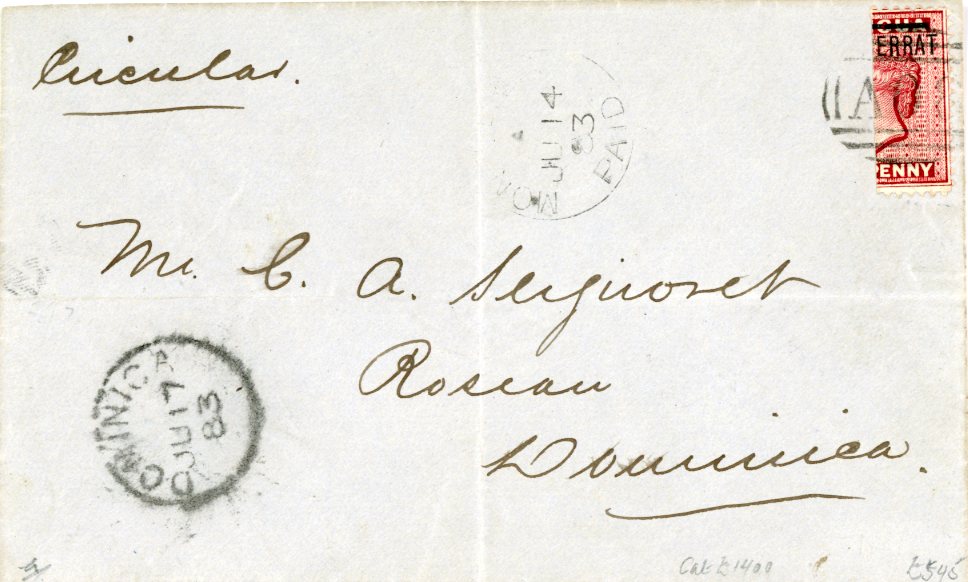 MONTSERRAT MONTSERRAT: 1883 (JU 14) envelope to Dominica franked 1876-83 1d red bisect (SG1a) tied by A08, Montserrat Paid cds and Dominica arrival (JU17) alongside, envelope folded once vertically and horizontally, not affecting appearance, endorsed ms Circular, very attractive with all the marks on the front. (Cat. £1400)