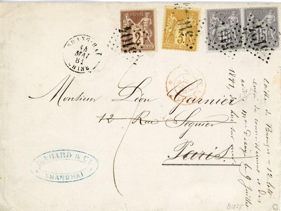 FRANCE / CHINA FRANCE / CHINA: 1881 (14 Mai) envelope to France franked 1876 15c grey lilac on greyish (Yvert 77) horizontal pair used with 1877-78 2c brown on straw + 3c yellow on straw both type 11 (Yvert 85,86) all tied by gros chiffres 5104 with Shanghai Chine cds in association, L.Vrard & Co Shanghai company cachet alongside, French entry mark (Jun 22), Paris arrival (Jun 23), redirected on arrival. Fine and rare franking, the 2c and 3c being particularly scarce. Signed Roumet