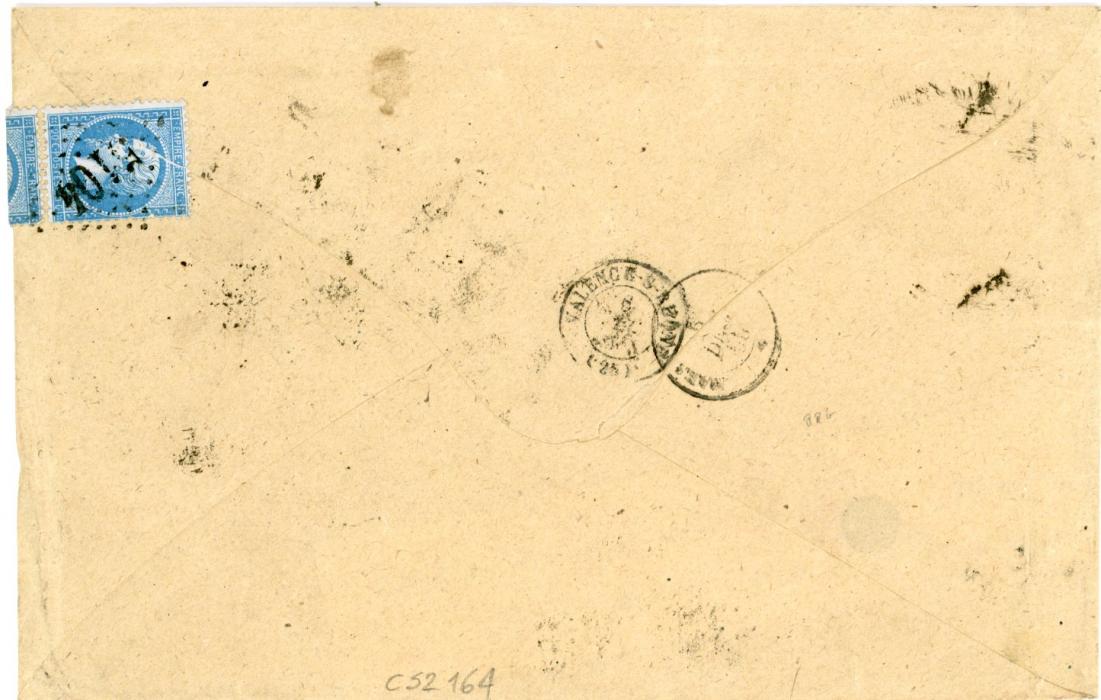 FRANCE / CHINA FRANCE / CHINA: 1863 (23 Oct) envelope to France franked 1862 20c blue block of 6 + irregular block of 3 and single + 10c bistre all tied by Gros Chiffres 5104 with Shanghai Bau Francais cds in association, one 20c folded over edge of envelope and the single torn on opening. Valence arrival bs (Dec 6). Scarce and impressive 2f10c franking.