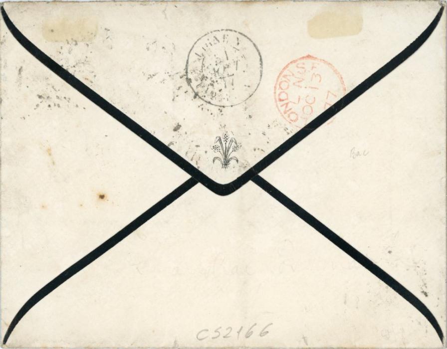 FRANCE / CHINA FRANCE / CHINA: 1877 (25 Aout) Mourning envelope to England with mixed franking CERES 15c bistre in combination with Peace and Commerce 1876 25c blue tied by Gros Chiffres 5104 with Dhang-hai cds alongside, Ligne N Paq cds and red London Oc 13 arrival bss, fine and very scarce combination.
