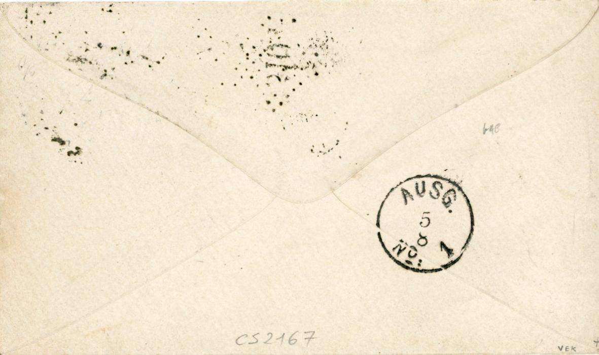 FRANCE / CHINA FRANCE / CHINA: 1881 (24 Juin) 1881 Envelope to Mayence Germany franked 1876 15c grey lilac on greyish (Yvert 77) vertical pair + 1877-78 2c brown on straw and 3c yellow on straw, all Type II, all tied by Gros Chiffres 5104 with Shanghai Chine cds in association, Alex Bielfield Shanghai company cachet alongside, German arrival 5 8 bs, very fine and rare franking, signed Calves.