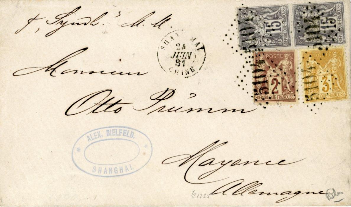 FRANCE / CHINA FRANCE / CHINA: 1881 (24 Juin) 1881 Envelope to Mayence Germany franked 1876 15c grey lilac on greyish (Yvert 77) vertical pair + 1877-78 2c brown on straw and 3c yellow on straw, all Type II, all tied by Gros Chiffres 5104 with Shanghai Chine cds in association, Alex Bielfield Shanghai company cachet alongside, German arrival 5 8 bs, very fine and rare franking, signed Calves.