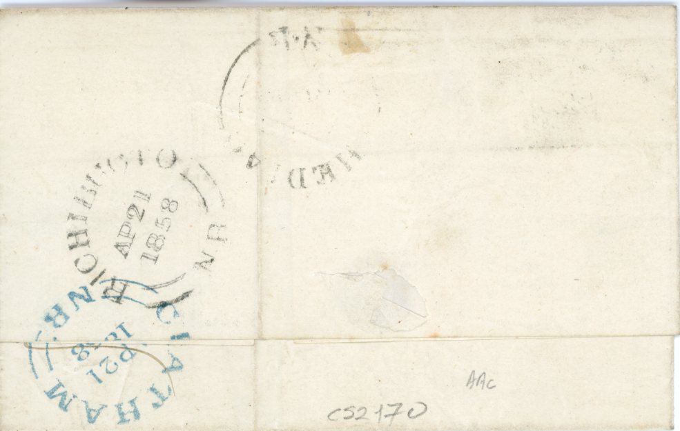 NEW BRUNSWICK NEW BRUNSWICK: 1858 (AP 21) Folded cover to Superintendant Railway Shediac franked 1851-60 3d just touched on 2 sides, part of adjoining stamp at base, tied by blue oval grid, Chatham bs in blue with Richibuoto in black and arrival bss, cover with some creasing.